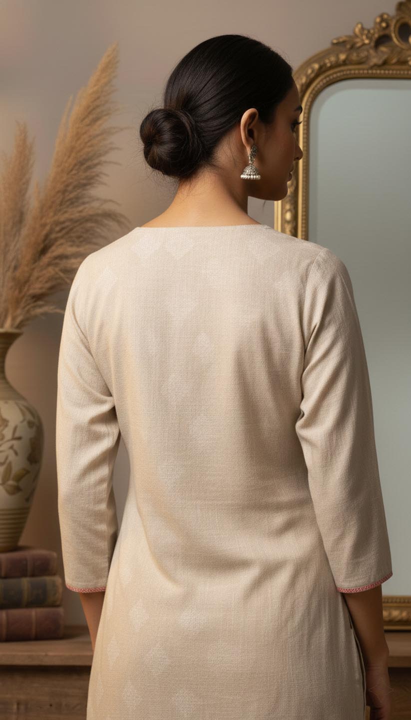 Elegant Embroidered Linen Kurta Set with Diamond Weave Dupatta