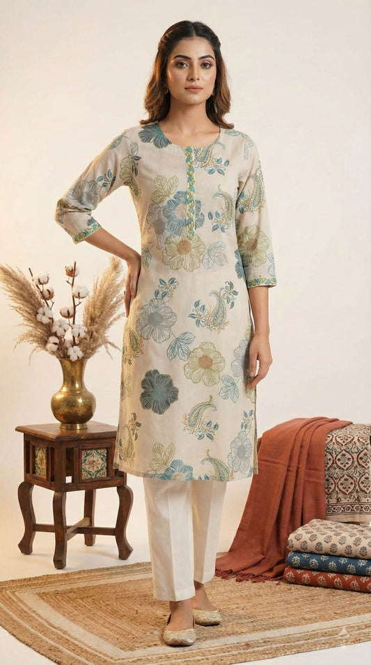 Turquoise blue Vatican Floral Print Straight Kurta With pant