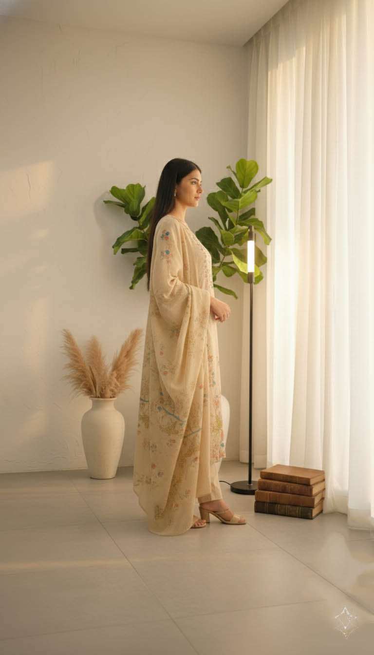 Cream Chanderi Floral Print Kurta Set with Dupatta