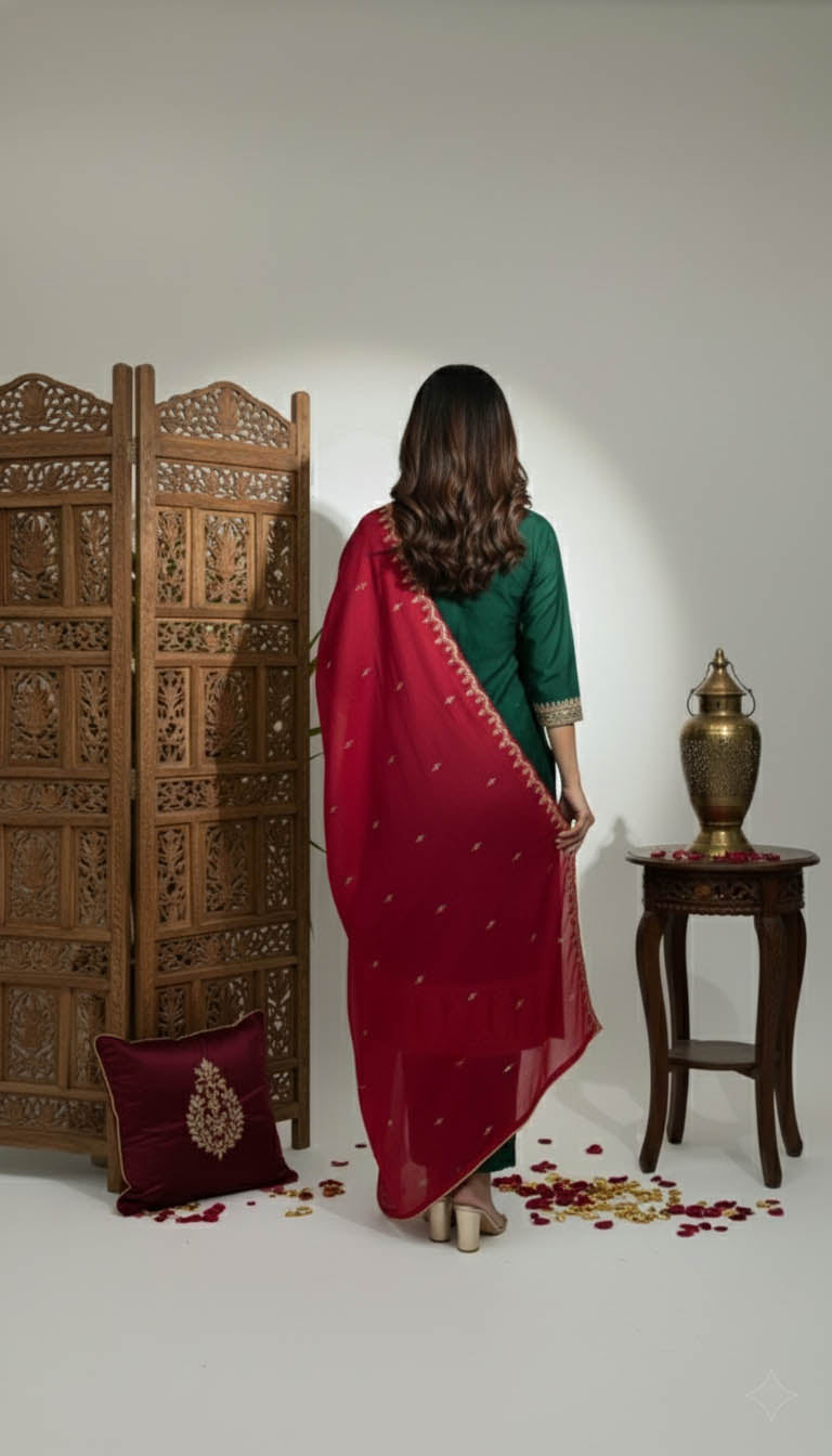 Emerald Green Embroidered Kurta Set with Dupatta