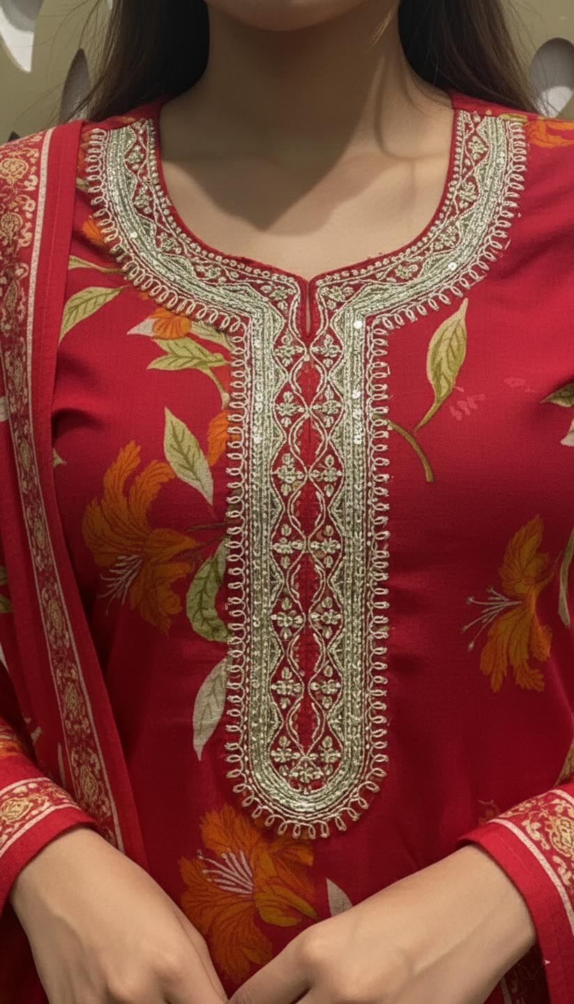 Elegant Floral Embroidered Kurta Set with Dupatta