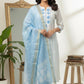 Elegant White & Blue  Cotton Kurta Set with Dupatta