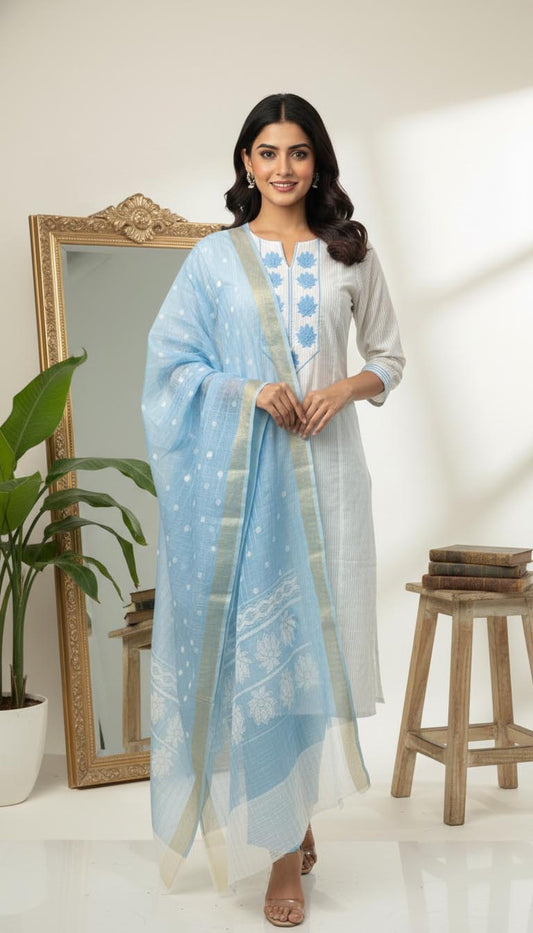 Elegant White & Blue  Cotton Kurta Set with Dupatta