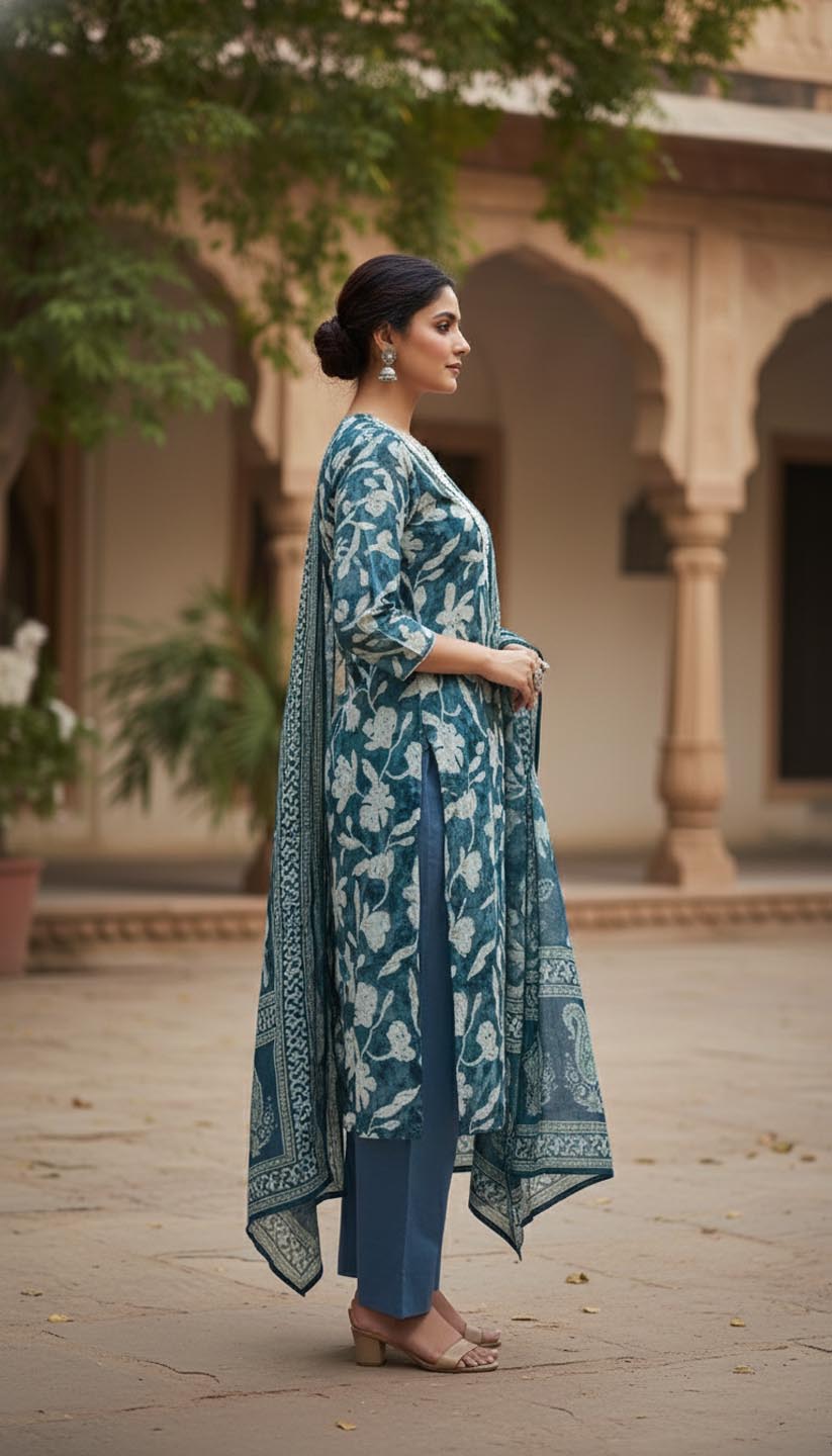 Elegant Teal & White Floral Printed Cotton Suit Set