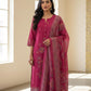 Fuchsia Embroidered Straight Kurta with Trousers & Dupatta