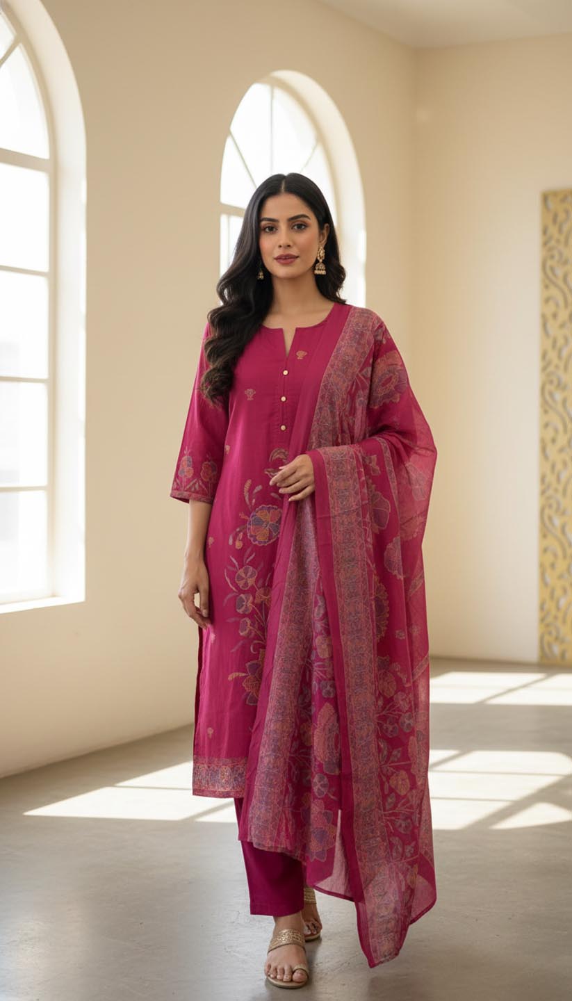 Fuchsia Embroidered Straight Kurta with Trousers & Dupatta