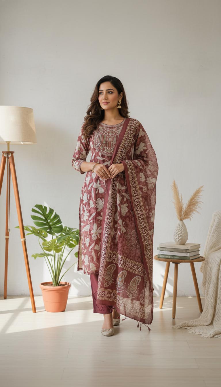 Rust Floral Printed Cotton Suit Set with Dupatta