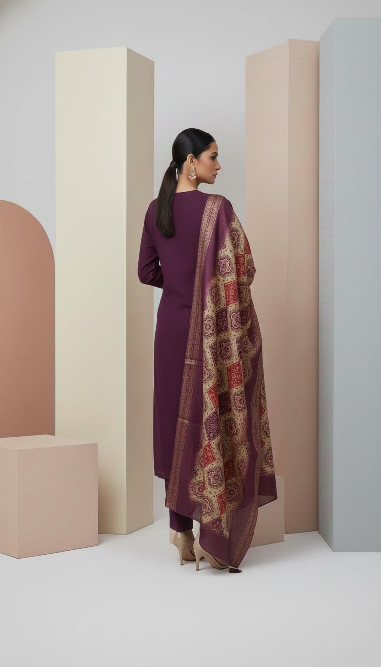 Purple Embroidered Kurta  Set with Banarasi Dupatta