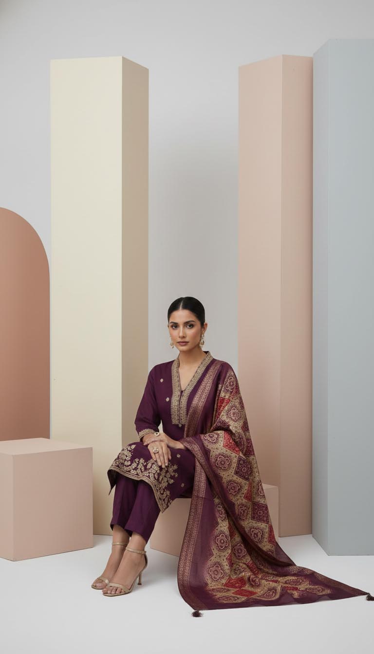 Purple Embroidered Kurta  Set with Banarasi Dupatta