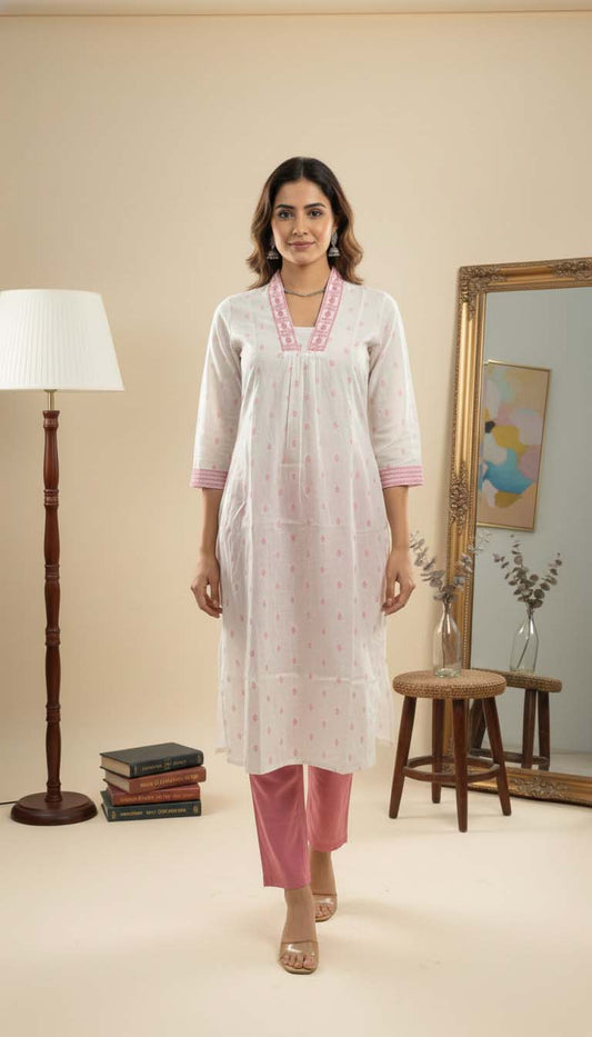 Off-White & Pink Printed Cotton Kurta Set