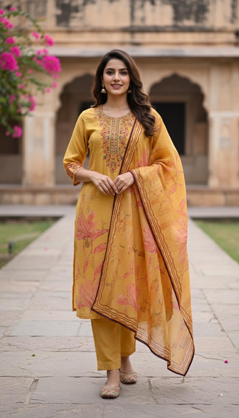 Mustard Floral Printed Cotton Kurta Set