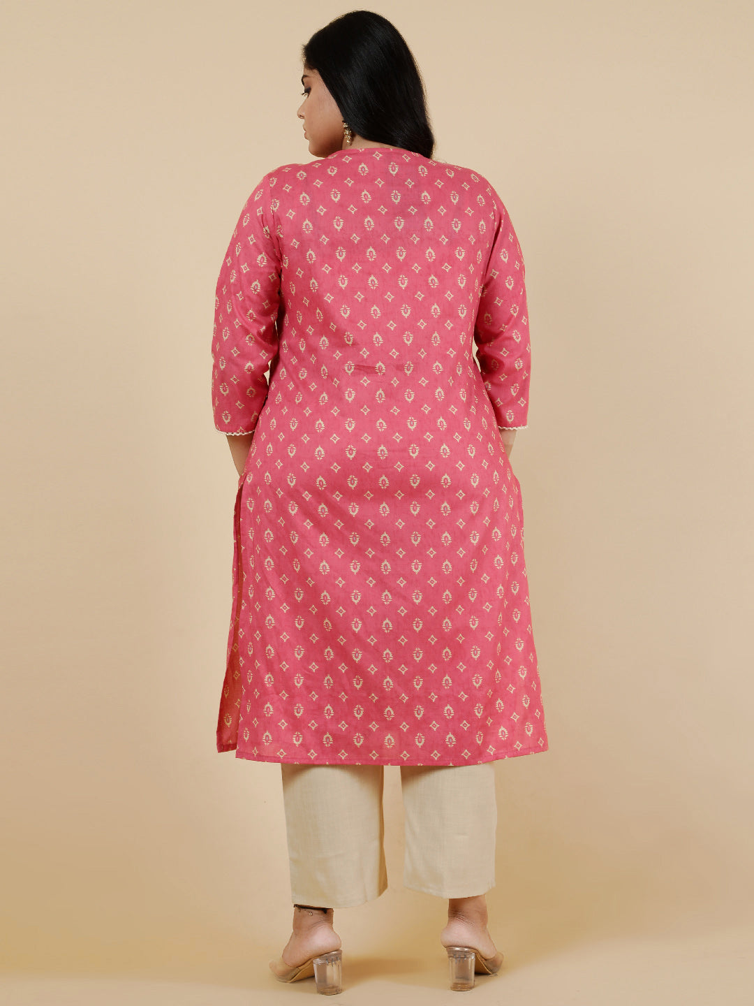 Pink Plus Size Embroidered straight kurta.