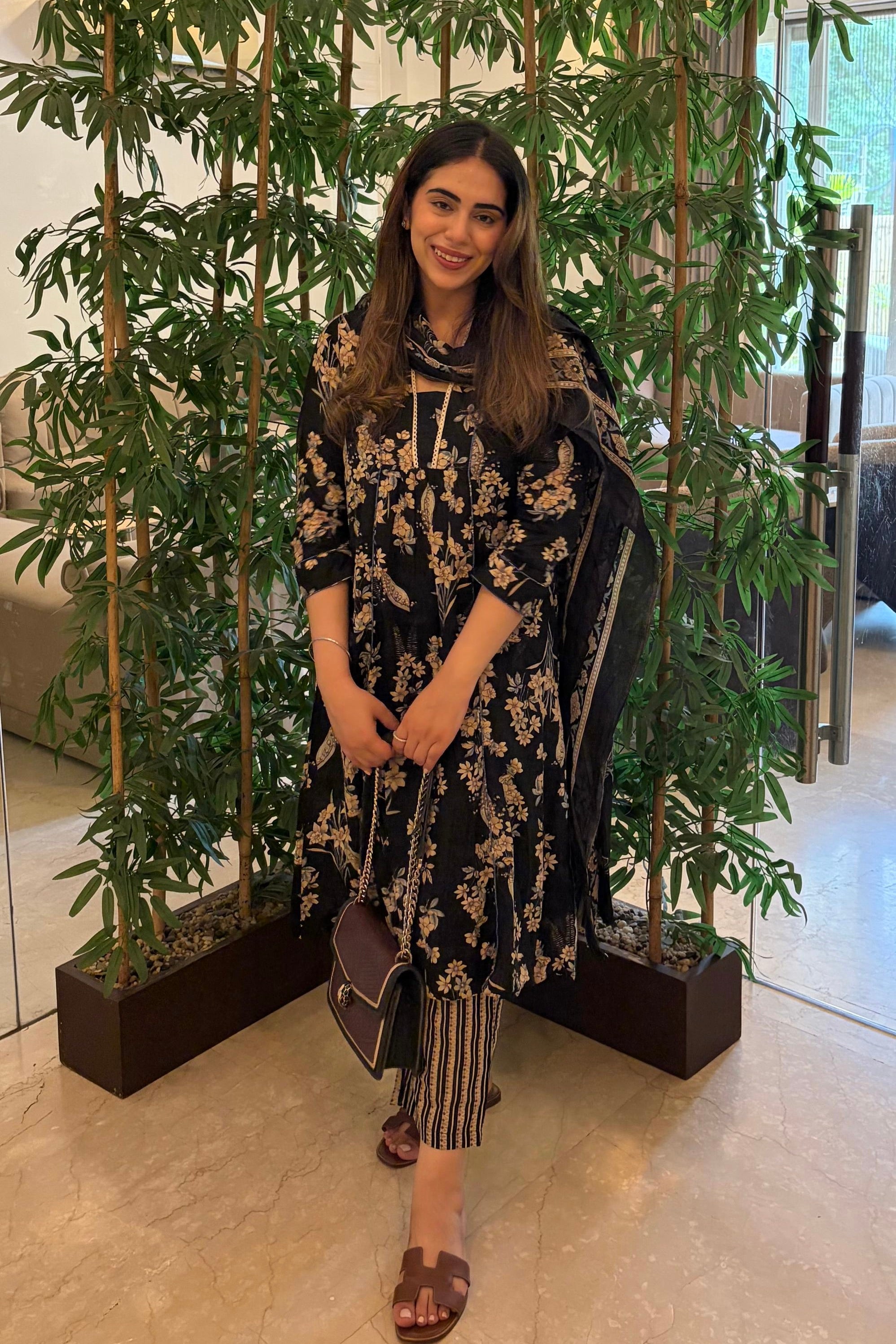 Ebony Blossom Kurta Set with Dupatta