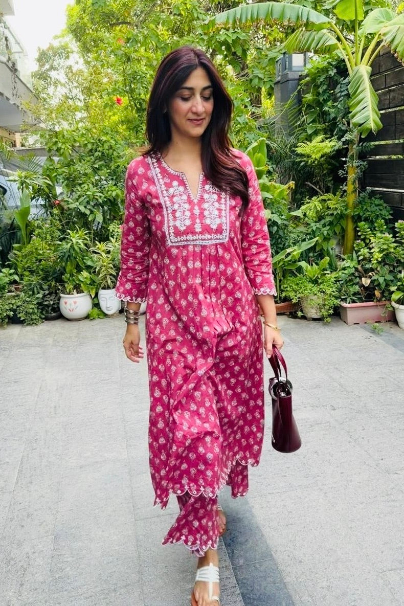 Rosewood Bloom Cotton Kurta Set