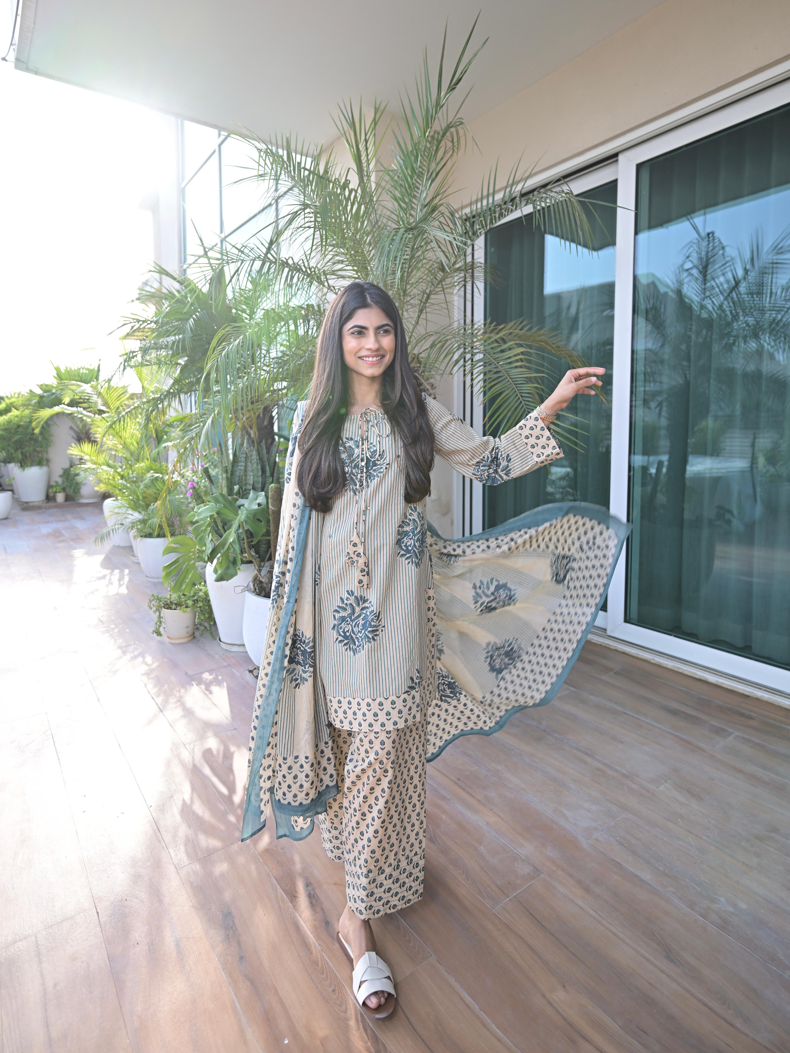 Blue Bloom Cotton Kurta Set