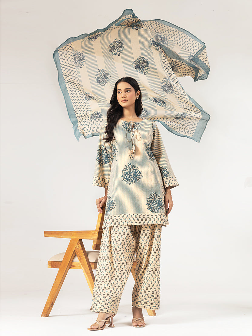 Blue Bloom Cotton Kurta Set