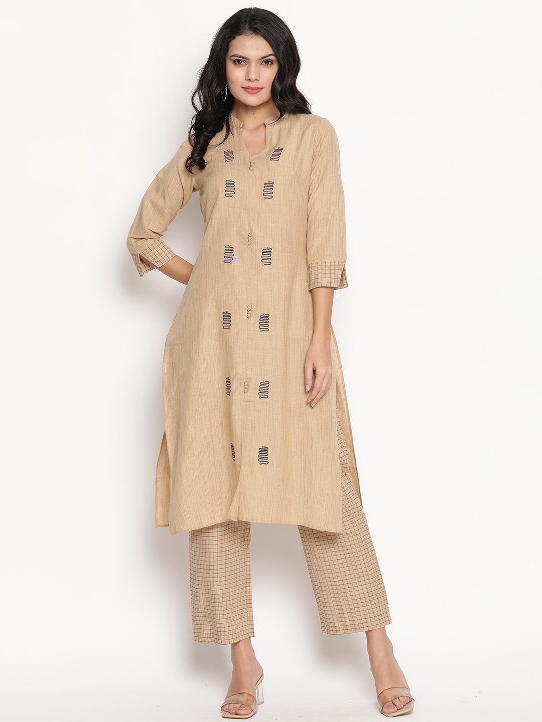 BeIndi Women Beige Embroidered Layered Pure Cotton Kurti With Trousers