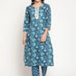 Be Indi Women Blue Floral Embroidered Empire Pure Cotton Kurti with Trousers