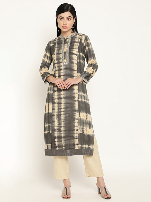 BeIndi Women's Grey Tie & Dye, Mandarin Collar Kurta With Princess Panels & Delicately Woven Lace.