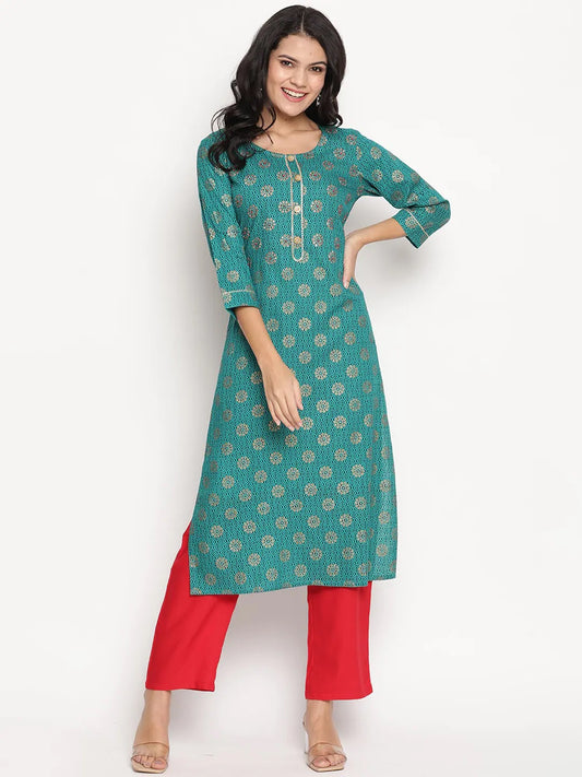 Women teal green golden printed straight kurta With pant