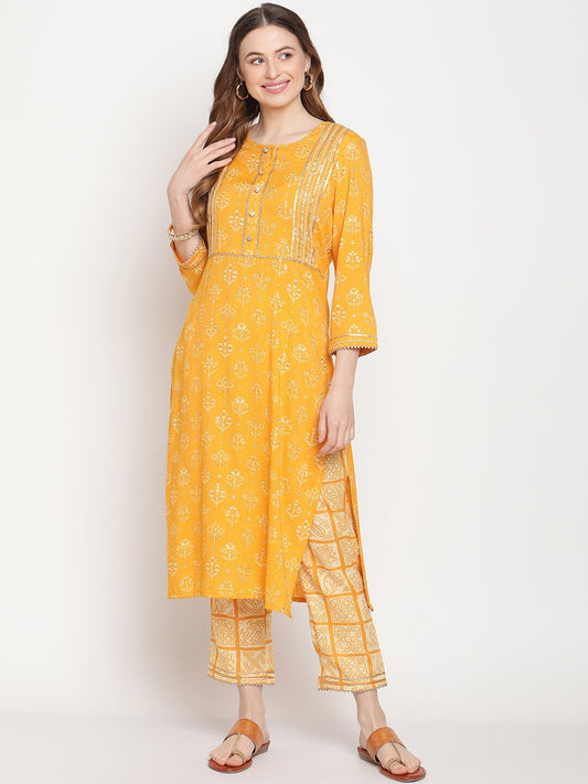 Be Indi Women Yellow Panelled Gotta Patti Kurti with Trousers