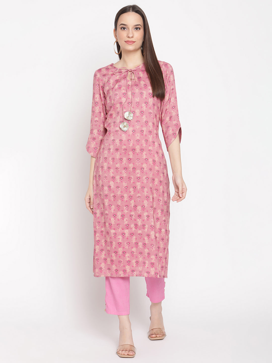 Be Indi Women Pink Printed Regular Gotta Patti Kurta with Trousers