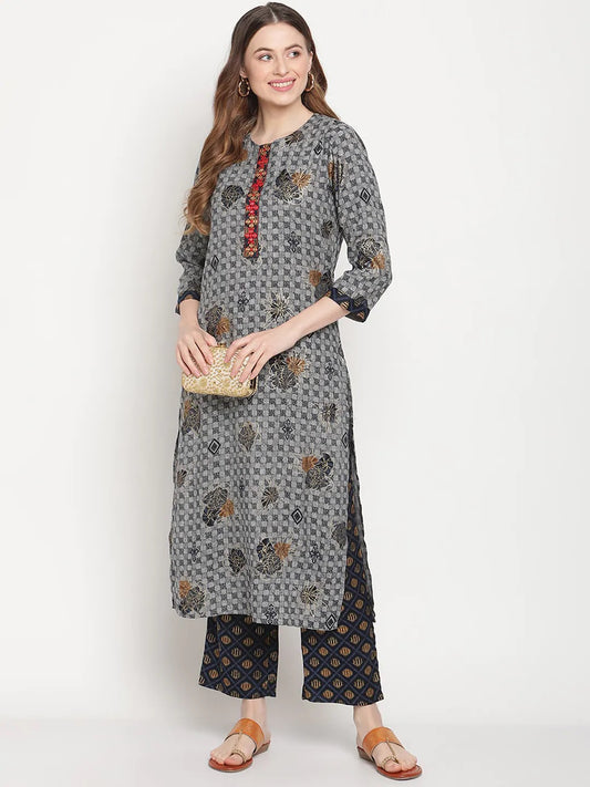 Be Indi Women Navy Blue Floral Foil Print Kurta with Palazzos