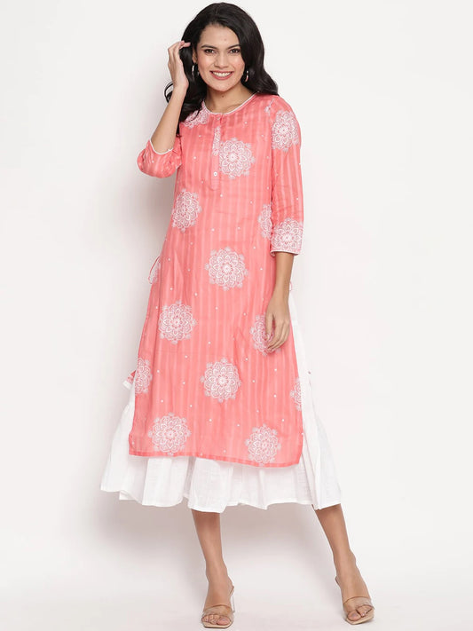 Women Pink White Printed Double Layer Dress