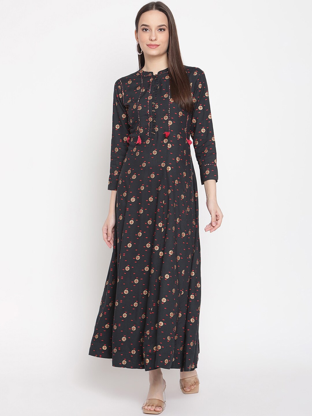 Be Indi Navy Blue & Pink Floral Ethnic Maxi Dress