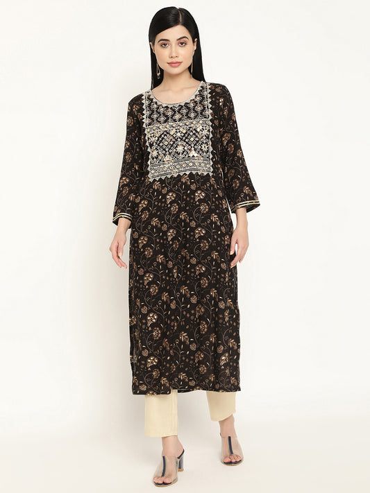 BeIndi Women Black Foil Printed Yoke Design Kurta, Mirror And Thread Work Embroidered Yoke.
