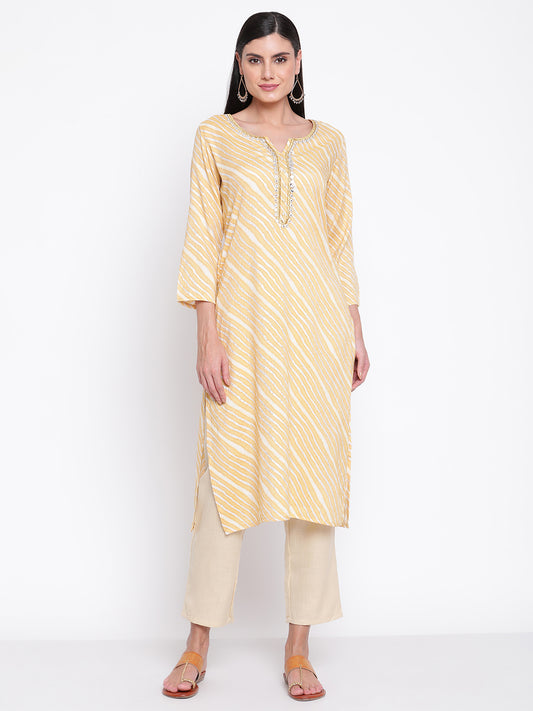 Be Indi Women Yellow Leheriya Printed Golden Zari Work Embroidered With Pearl Button Detailing Kurta