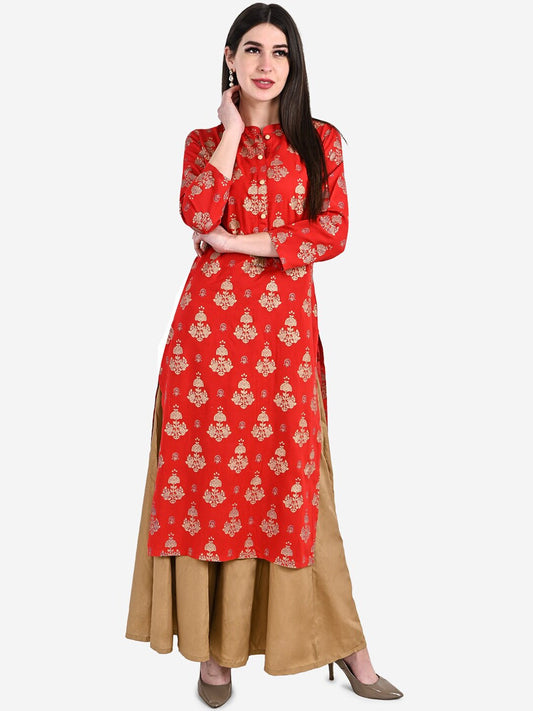 BeIndi Women Red Woven Design Kurta