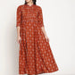 Be Indi Women Rust Maroon ikat Printed Pintuck Yoke Design With Sequence Work Detailing Maxi Dress