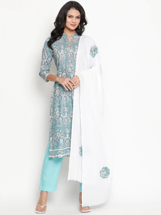 Be Indi Women Sea Green Floral Printed Pleated Pure Cotton Kurta with Trousers & With Dupatta
