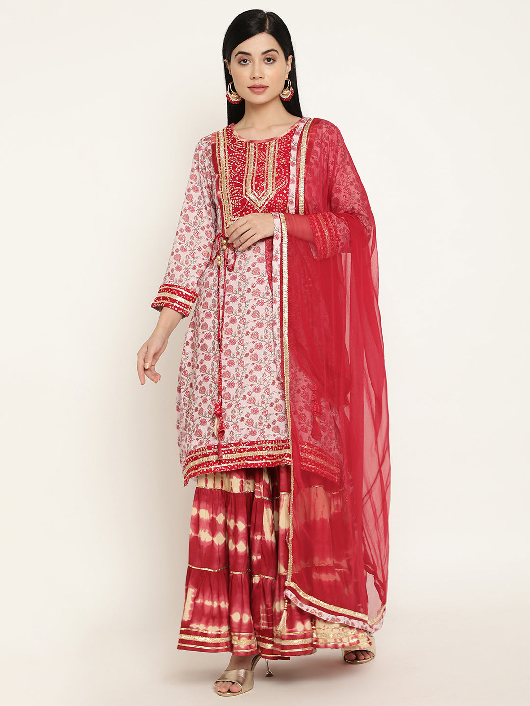 ROSE PINK SINGLE TIERED SHARARA PANT SET WITH MULTI COLOURED THREADWORK  KURTA TOP AND MATCHING NECKLACE STYLE DUPATTA WITH ABLA DETAILS   Seasons India