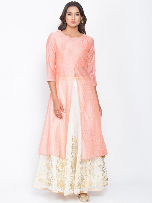 BeIndi Women Peach-Colored & Gold-Colored Embellished Chanderi Silk A-Line Kurta