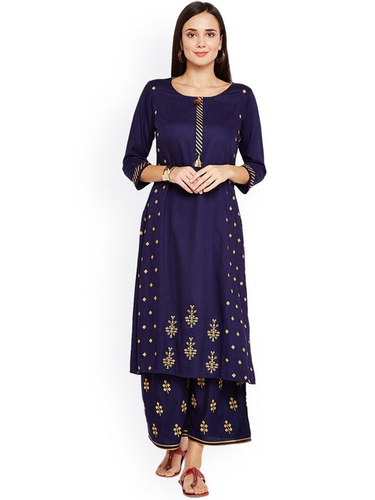 BeIndi Women Navy Blue Solid Straight Kurta