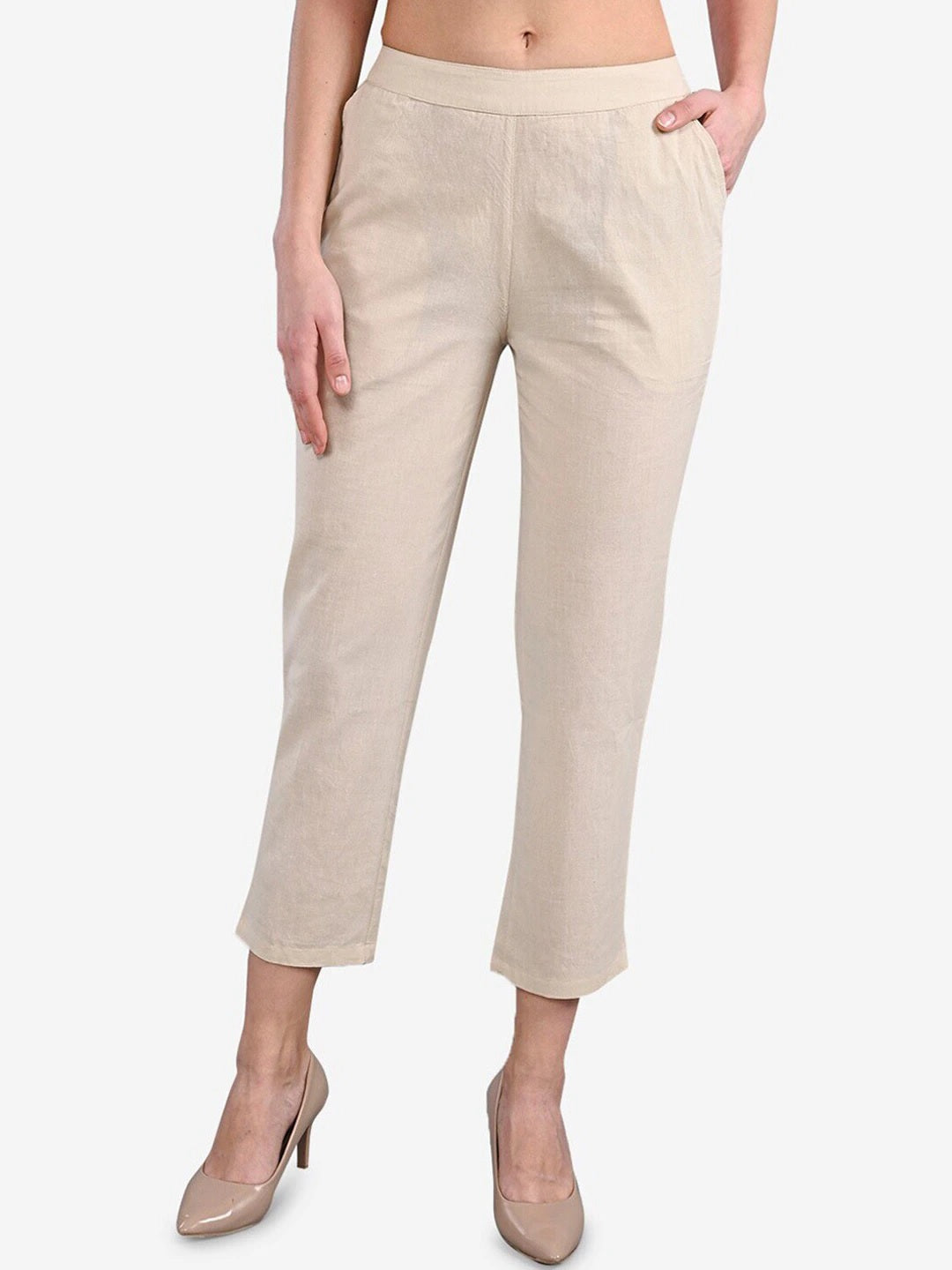 Be Indi Women Beige Straight Fit Pleated Trousers