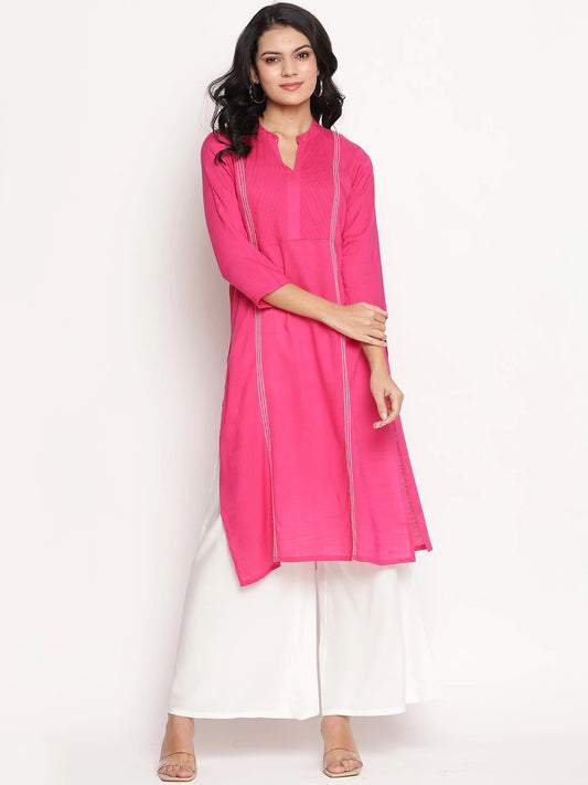 BeIndi Women Fuchsia Keyhole Neck Thread Work Kurta