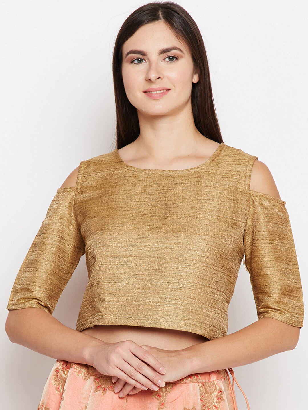 BeIndi Women Beige Self Design Pure Silk Ethnic Top