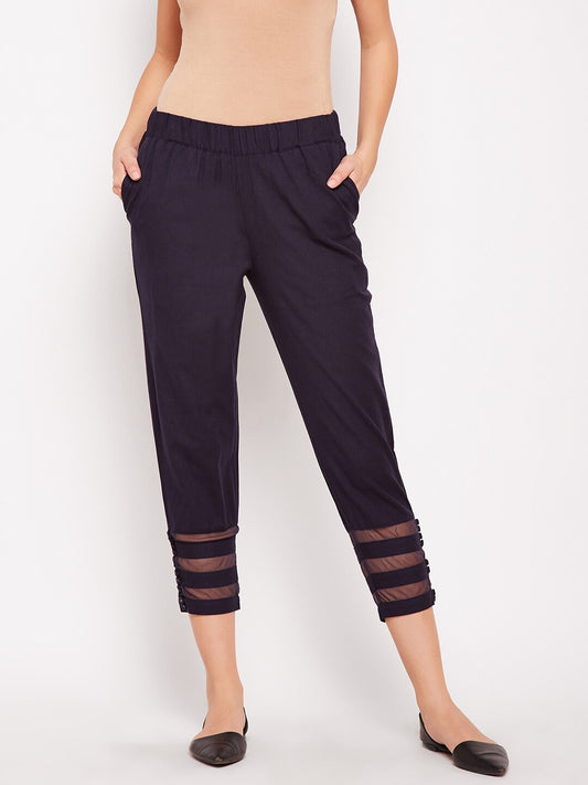 Be Indi Women Navy Blue Straight Fit Solid Regular Trousers