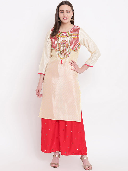 Be Indi Women Cream-Coloured Ethnic Motifs Yoke Design Kurta