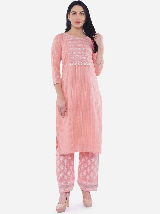 Be Indi Women Pink & White Embroidered Kurta with Palazzos
