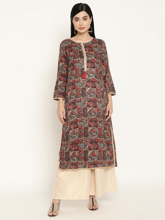 BeIndi Women's Brown Foil Printed Kurta With Lace Details On The Placket And Sleeves.