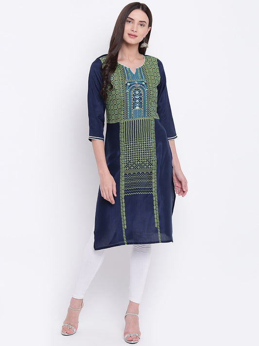 Be Indi Women Navy Blue Geometric Printed Thread Work Kurta