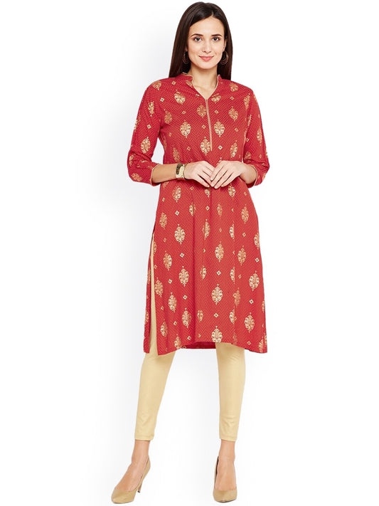 BeIndi Women Red Printed Straight Kurta