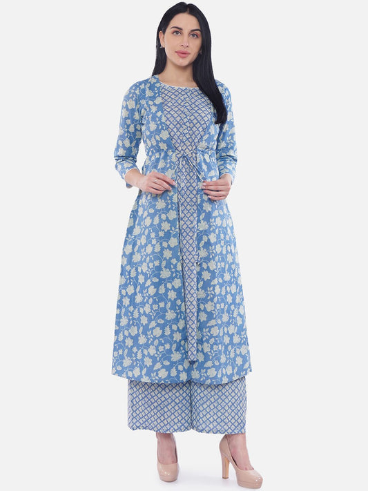 Women Blue Double layered Printed kurta with Flared Palazzo