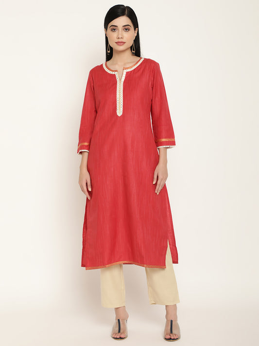 BeIndi Women's Red Kurta With Contrast Piping And Lace Detailing.