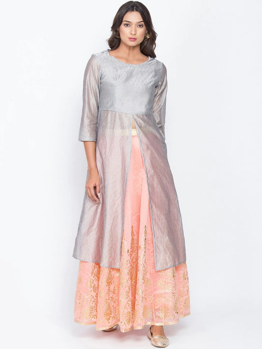 BeIndi Women Grey Embellished Chanderi Silk Kurta