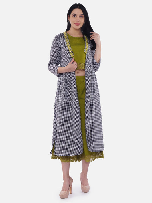 Women Green Top With Lace, Culottes With Embroidered Black Checks Cape